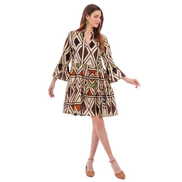 Platinum Φόρεμα Εκρού Με Πολύχρωμα Boho Σχέδια Γυναικείο Κοντό Τρουακάρ Flair Free Size - 82536