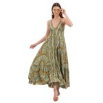 Platinum Φόρεμα Πράσινο Γυναικείο Boho Σχέδιο Με Χρυσό Μακρύ Εξώπλατο Free Size - 82540 - Image 3