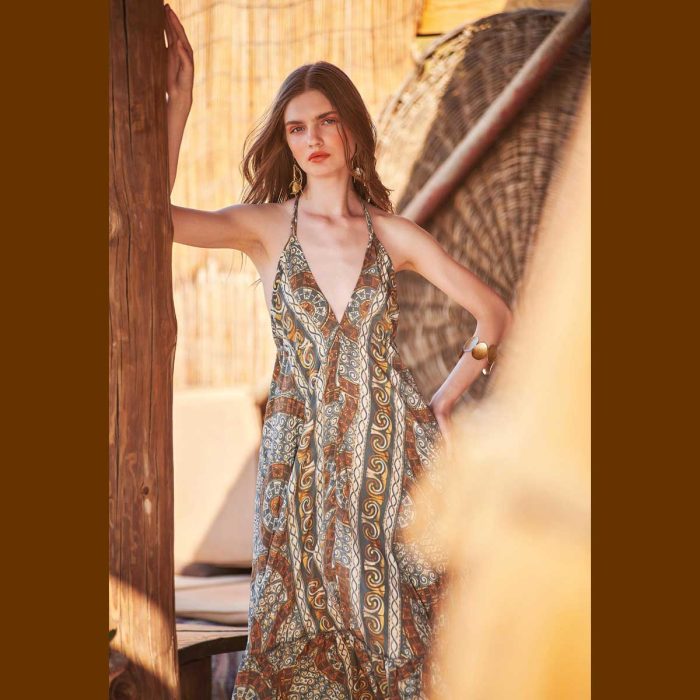 Platinum Φόρεμα Καφέ Γυναικείο Boho Σχέδιο Με Χρυσό Μακρύ Εξώπλατο Free Size - 82540-BR - Image 3