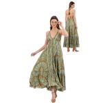 Platinum Φόρεμα Πράσινο Γυναικείο Boho Σχέδιο Με Χρυσό Μακρύ Εξώπλατο Free Size - 82540