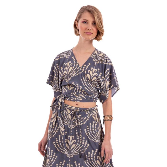 Platinum Μπλούζα Γκρι Γυναικεία Με Boho Σχέδια Kρουαζέ Κοντομάνικη Casual - 82550