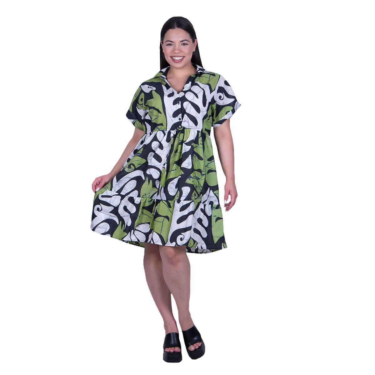 92511b Platinum Φόρεμα Πράσινο Γυναικείο Με Μαύρο - Λευκό Εμπριμέ Κοντό Μεσάτο Με Γιακά Free Size - 92511 - Image 1