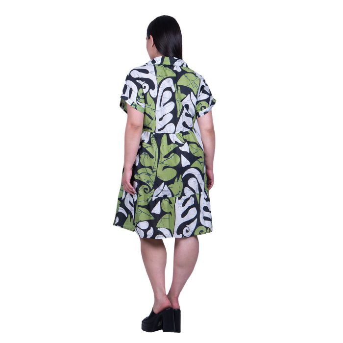 Platinum Φόρεμα Πράσινο Γυναικείο Με Μαύρο - Λευκό Εμπριμέ Κοντό Μεσάτο Με Γιακά Free Size - 92511 - Image 3