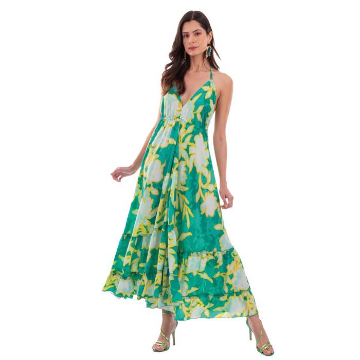 Platinum Φόρεμα Πράσινο Γυναικείο Floral Μακρύ Εξώπλατο Free Size - 12581 - Image 3