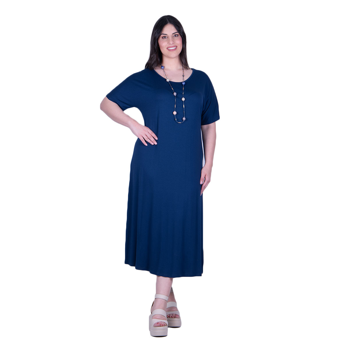 22536-BL Gomore Φόρεμα Μπλε Γυναικείο Με Εξώπλατο Σχέδιο Μακρύ Εβαζέ Κοντομάνικο - 22536-BL - Image 1