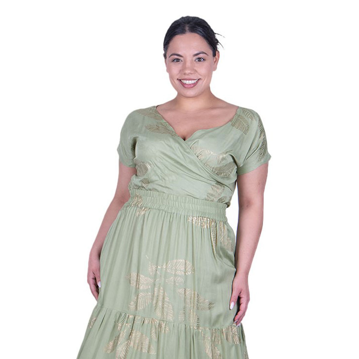 32448-zbl Platinum Μπλούζα Πράσινη Με Χρυσά Σχέδια Γυναικεία Kρουαζέ Κοντομάνικη Casual All Day - 32449-GR - Image 1