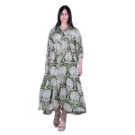 Platinum Φόρεμα Λαδί Με Εκρού Print Γυναικείο Μακρύ Με Κουμπιά Μεταξωτό All Day - 42578-FS