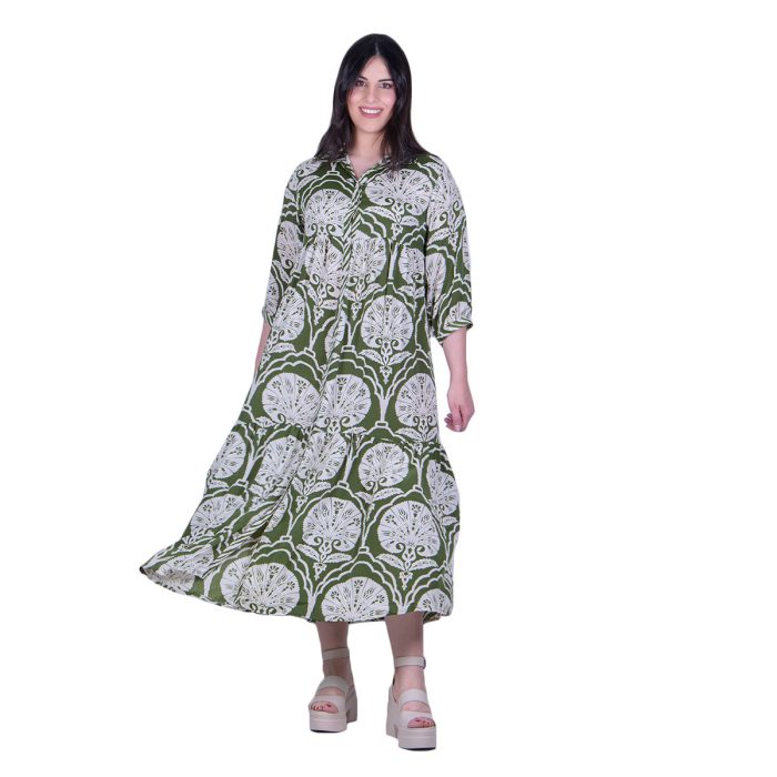 Platinum Φόρεμα Λαδί Με Εκρού Print Γυναικείο Μακρύ Με Κουμπιά Μεταξωτό All Day - 42578-FS - Image 3