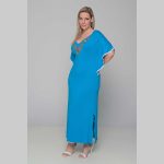 Gomore Φόρεμα Τιρκουαζ Με Strass Σχέδιο Γυναικείο Μaxi Κοντομάνικο Ντεκολτέ All Day - 52666-TR