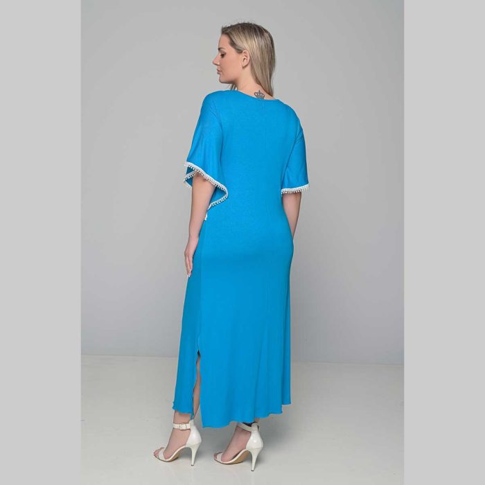 Gomore Φόρεμα Τιρκουαζ Με Strass Σχέδιο Γυναικείο Μaxi Κοντομάνικο Ντεκολτέ All Day - 52666-TR - Image 3