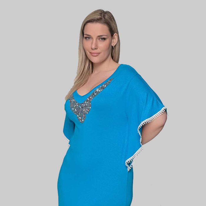 Gomore Φόρεμα Τιρκουαζ Με Strass Σχέδιο Γυναικείο Μaxi Κοντομάνικο Ντεκολτέ All Day - 52666-TR - Image 4