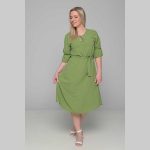 Gomore Φόρεμα Λαχανί Γυναικείο Midi Εβαζέ Με Ζώνη Τρουακαρ Καθημερινό  - GM-51670