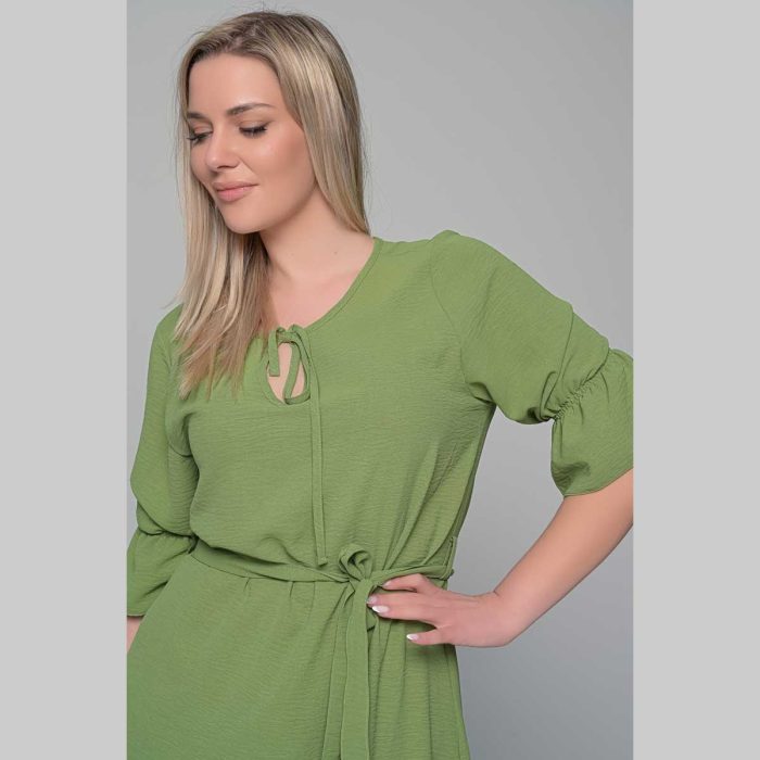 Gomore Φόρεμα Λαχανί Γυναικείο Midi Εβαζέ Με Ζώνη Τρουακαρ Καθημερινό  - GM-51670 - Image 3