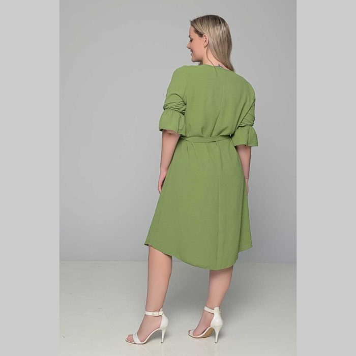 Gomore Φόρεμα Λαχανί Γυναικείο Midi Εβαζέ Με Ζώνη Τρουακαρ Καθημερινό  - GM-51670 - Image 4