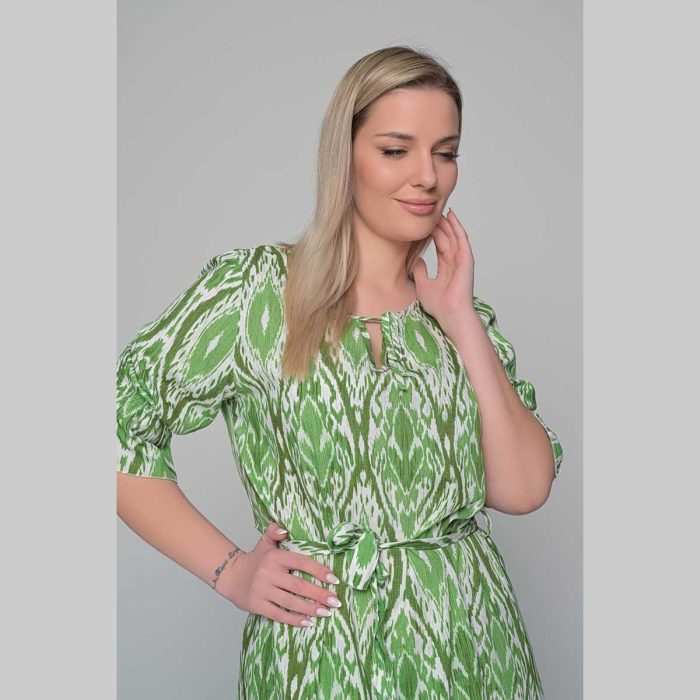 Gomore Φόρεμα Πράσινο Με Εμπριμέ Γυναικείο Midi Εβαζέ Με Ζώνη Τρουακαρ All Day - 52671-GR - Image 4