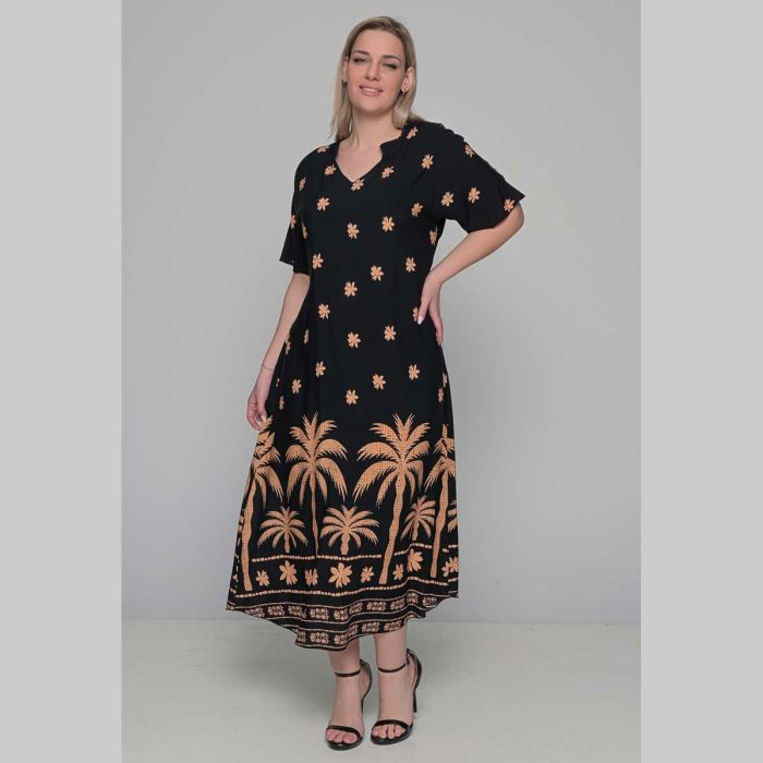 Gomore Φόρεμα Μαύρο Με Φοίνικες Γυναικείο Μακρύ Εβαζέ Με Ζώνη Κοντομάνικο All Day - 52674 - Image 3