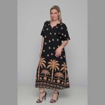 Gomore Φόρεμα Μαύρο Με Φοίνικες Γυναικείο Μακρύ Εβαζέ Με Ζώνη Κοντομάνικο All Day - 52674