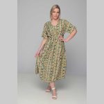 Gomore Φόρεμα Πράσινο Με Εμπριμέ Γυναικείο Μακρύ Εβαζέ Με Ζώνη Κοντομάνικο All Day - GM-52675-G