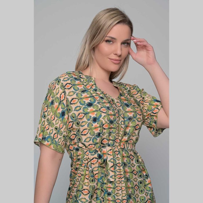 Gomore Φόρεμα Πράσινο Με Εμπριμέ Γυναικείο Μακρύ Εβαζέ Με Ζώνη Κοντομάνικο All Day - GM-52675-G - Image 4