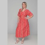 Gomore Φόρεμα Κοραλοκόκκινο Με Εμπριμέ Γυναικείο Μακρύ Εβαζέ Με Ζώνη Κοντομάνικο All Day - 52675 - Image 2