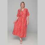 Gomore Φόρεμα Κοραλοκόκκινο Με Εμπριμέ Γυναικείο Μακρύ Εβαζέ Με Ζώνη Κοντομάνικο All Day - 52675