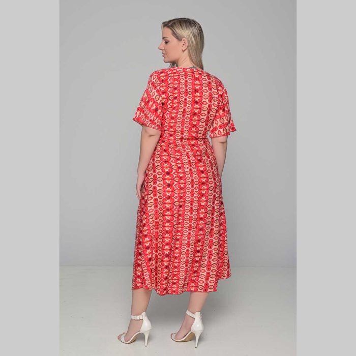 Gomore Φόρεμα Κοραλοκόκκινο Με Εμπριμέ Γυναικείο Μακρύ Εβαζέ Με Ζώνη Κοντομάνικο All Day - 52675 - Image 3