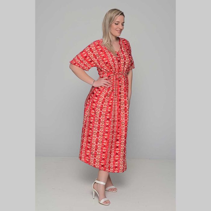 Gomore Φόρεμα Κοραλοκόκκινο Με Εμπριμέ Γυναικείο Μακρύ Εβαζέ Με Ζώνη Κοντομάνικο All Day - 52675 - Image 4