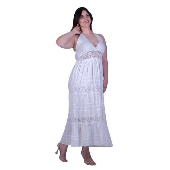 Platinum Φόρεμα Λευκό Γυναικείο Με Δαντέλα Ντεκολτέ Εξώπλατο Μaxi Free Size - 62007-FS - Image 4