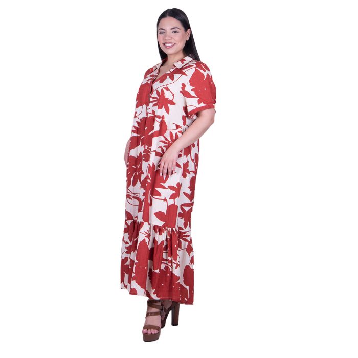 Platinum Φόρεμα Εκρού Με Εκάι Floral Γυναικείο Σεμιζιέ Κοντομάνικο Μακρύ Βαμβακολινό -72518 - Image 3