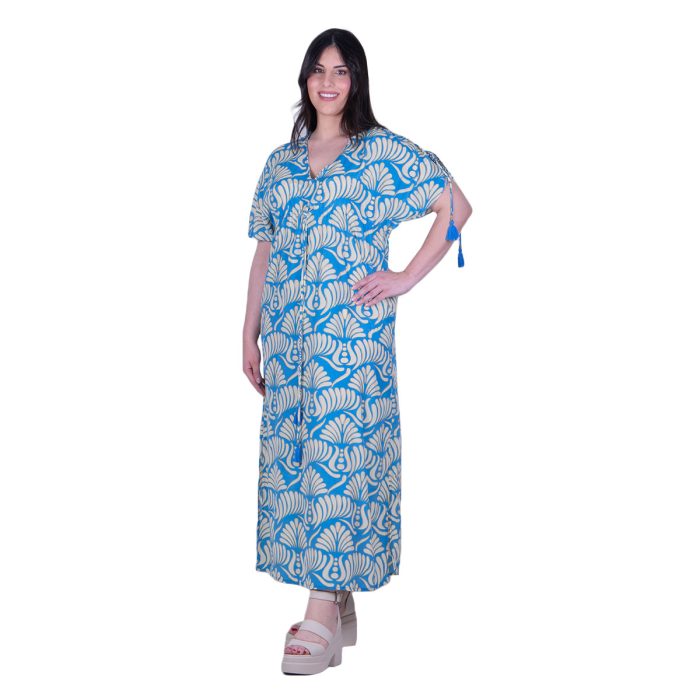 Platinum Φόρεμα - Καφτάνι Τυρκουάζ Με Εκρού Γυναικείο Ζαπονέ Με Ζώνη Free Size - 82548-82D - Image 4