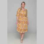 Gomore Φόρεμα Ώχρα Με Εμπριμέ Γυναικείο Midi Εβαζέ Με Ζώνη Τρουακαρ All Day - G-52671-CH