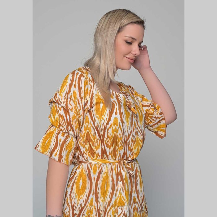 Gomore Φόρεμα Ώχρα Με Εμπριμέ Γυναικείο Midi Εβαζέ Με Ζώνη Τρουακαρ All Day - G-52671-CH - Image 3