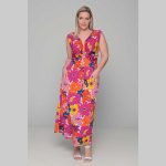 Gomore Φόρεμα Φούξια Με Πολύχρωμα Floral Γυναικείο Μακρύ Αμάνικο Καθημερινό  - GM-51660