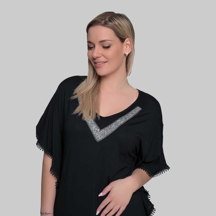 Gomore Φόρεμα Μαύρο Με Strass Σχέδιο Γυναικείο Μaxi Κοντομάνικο Ντεκολτέ All Day -GM-52666 - Image 3