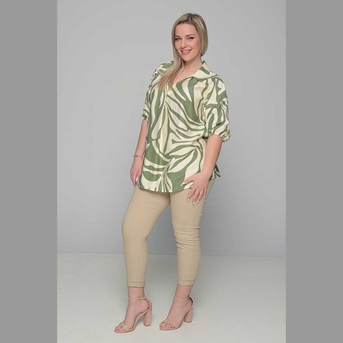 Gomore Πουκαμίσα Λαδί - Εκρού Γυναικεία Με Γιακά Και Ντεκολτέ Τρουακαρ All Day - GM-52343-L - Image 4