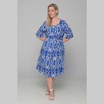 Gomore Φόρεμα Μπλε Με Εμπριμέ Γυναικείο Midi Εβαζέ Με Ζώνη Τρουακαρ Καθημερινό - GM-52671-BL