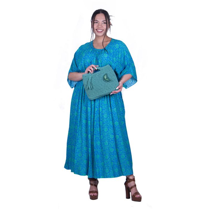 Gomore Φόρεμα Τυρκουάζ Γυναικείο Με Πράσινο Σχέδιο Σούρα Κοντομάνικο All Day - GM-52685-TR - Image 3