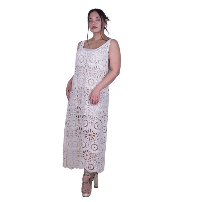 Platinum Καφτάνι Λευκό Γυναικείο Πλεκτό Βαμβακερό Μακρύ Με Δαντέλα Free Size - 28034-W - Image 3
