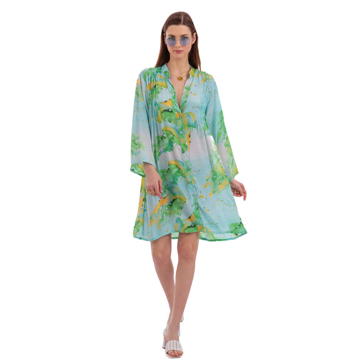 225122 Platinum Φόρεμα - Καφτάνι Πράσινο Με Σχέδια Γυναικεία Κοντό Τρουακάρ Με Κουμπιά Free Size - 225122 - Image 1