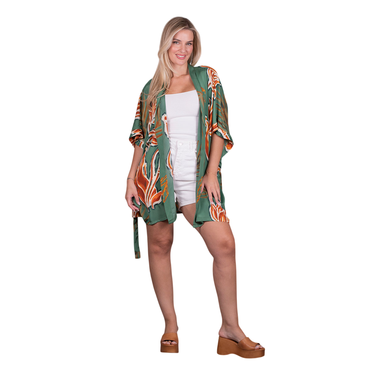 Platinum Κιμονό Πράσινο Γυναικείο Με Floral Print Silk Κοντό Τρουακάρ All Day - FS42391