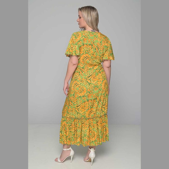 Gomore Φόρεμα Πράσινο Με Εμπριμέ Ώχρα Γυναικείο Μακρύ Εβαζέ Με Ζώνη Κοντομάνικο All Day - 52678-GR - Image 4