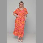 Gomore Φόρεμα Ροζ Με Εμπριμέ Ώχρα Γυναικείο Μακρύ Εβαζέ Με Ζώνη Κοντομάνικο All Day - 52678-R - Image 3