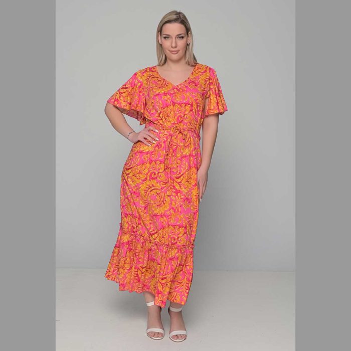 Gomore Φόρεμα Ροζ Με Εμπριμέ Ώχρα Γυναικείο Μακρύ Εβαζέ Με Ζώνη Κοντομάνικο All Day - 52678-R - Image 3