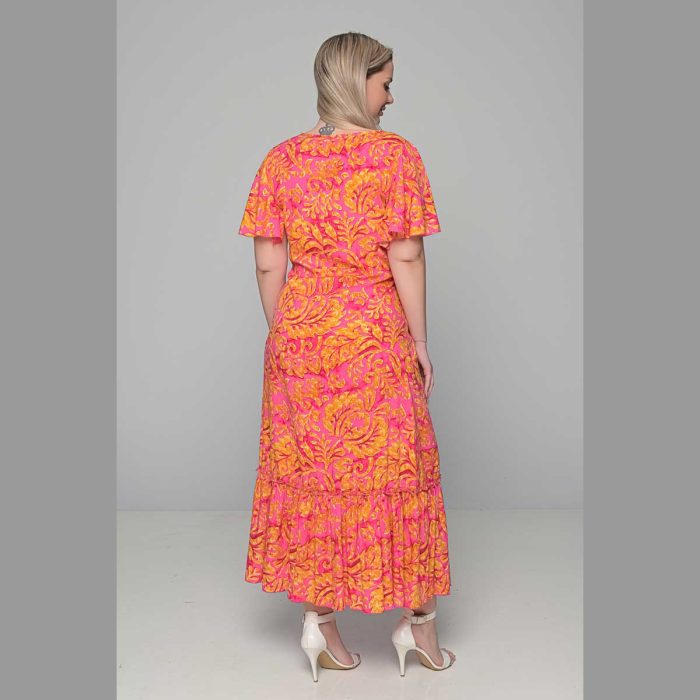 Gomore Φόρεμα Ροζ Με Εμπριμέ Ώχρα Γυναικείο Μακρύ Εβαζέ Με Ζώνη Κοντομάνικο All Day - 52678-R - Image 4