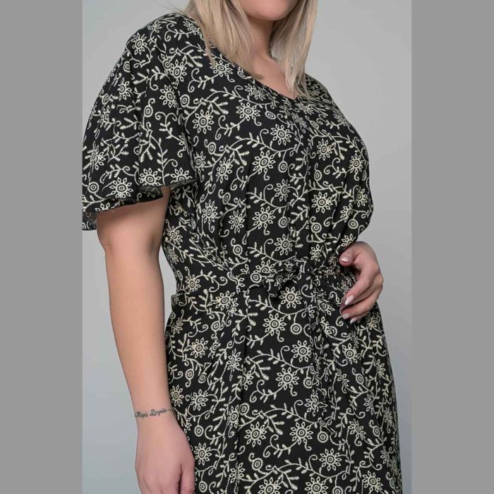 Gomore Φόρεμα Μαύρο Με Γκρι Floral Γυναικείο Μακρύ Εβαζέ Κοντομάνικο All Day - 52679-BC - Image 4