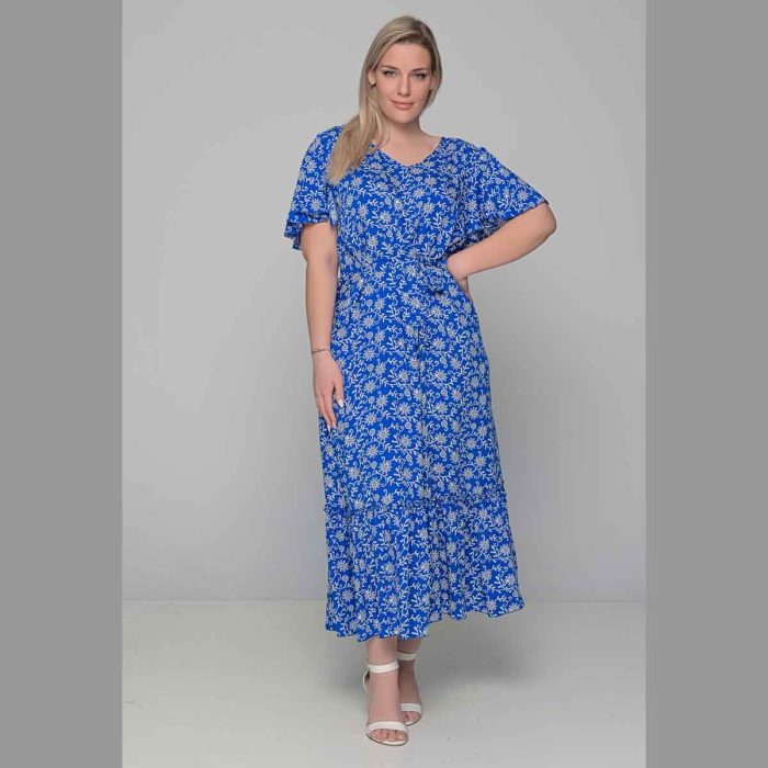 Gomore Φόρεμα Μπλε Ρουά Με Λευκά Floral Γυναικείο Μακρύ Εβαζέ Κοντομάνικο All Day - 52679-LB - Image 3
