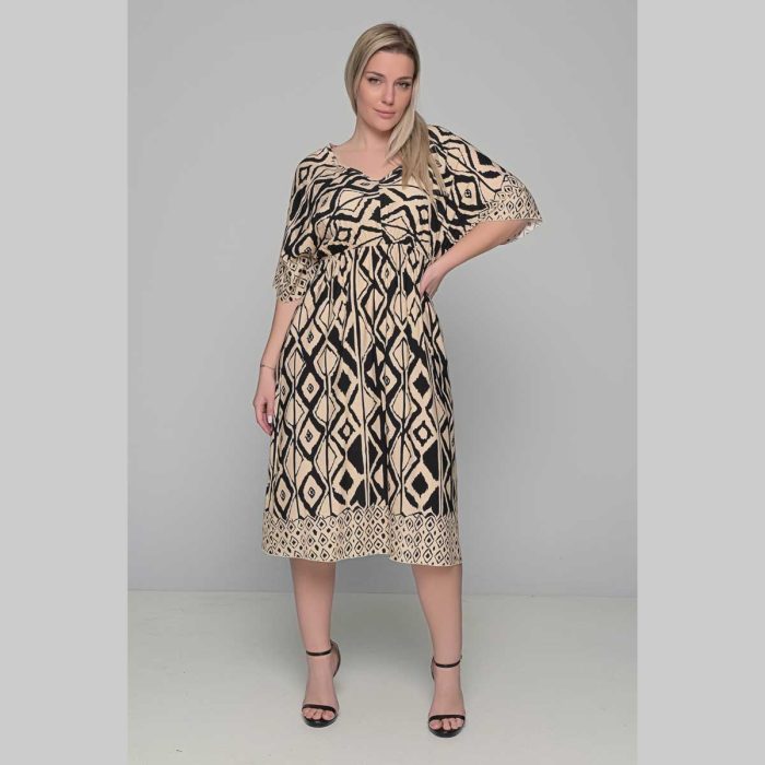 Gomore Φόρεμα Μαύρο Με Εκρού Σχέδια Γυναικείο Midi Εβαζέ Τρουακαρ Καθημερινό - GM-52682 - Image 3