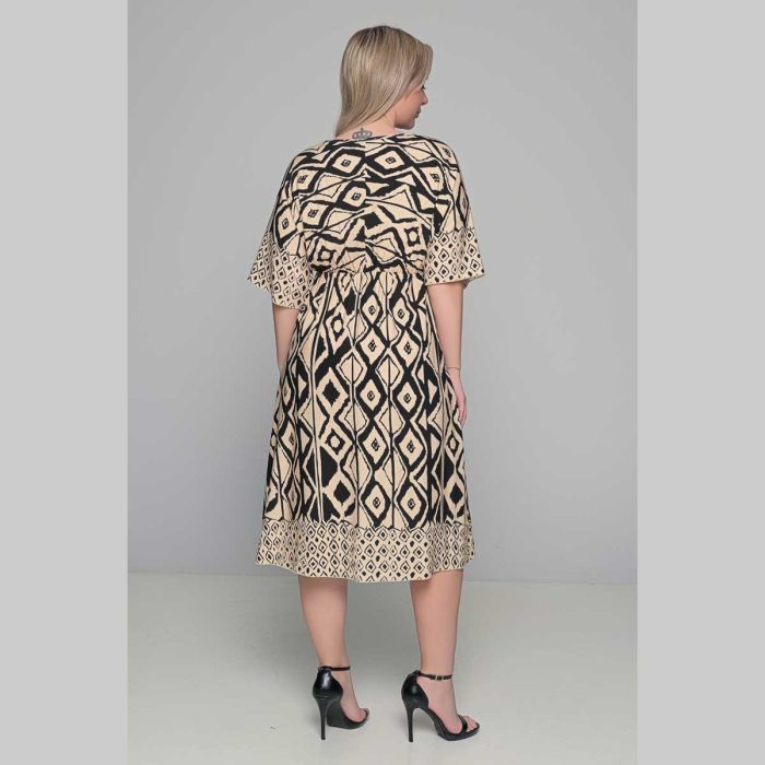 Gomore Φόρεμα Μαύρο Με Εκρού Σχέδια Γυναικείο Midi Εβαζέ Τρουακαρ Καθημερινό - GM-52682 - Image 4