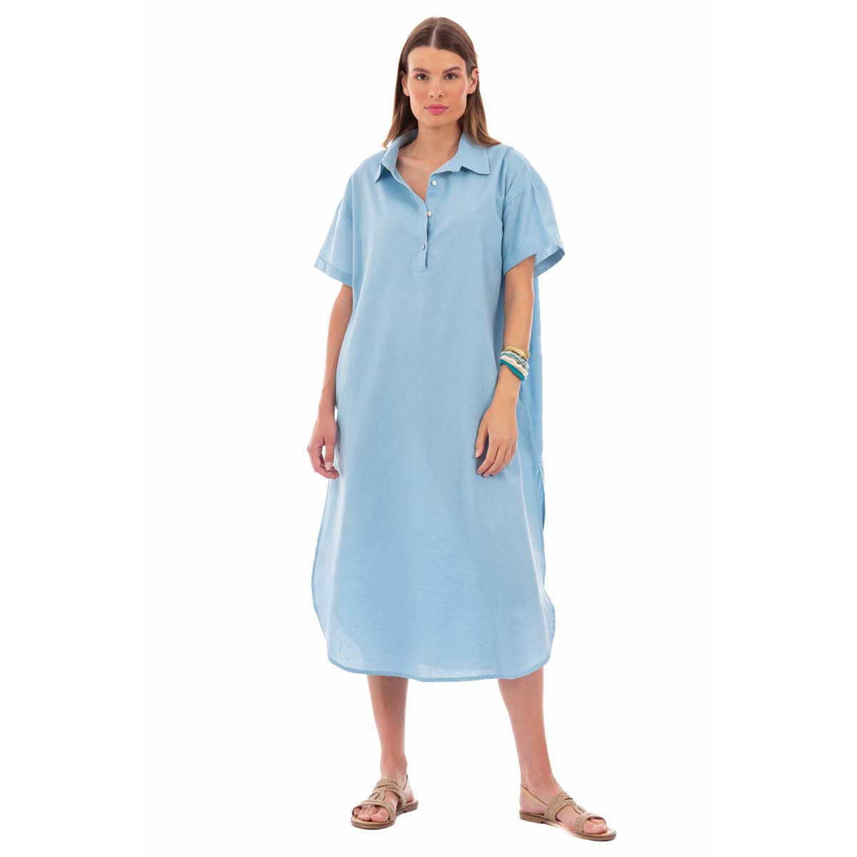 Platinum Φόρεμα - Καφτάνι Light Blue Γυναικείο Κοντομάνικο Midi Βαμβακολινό Free Size - 72525-BL
