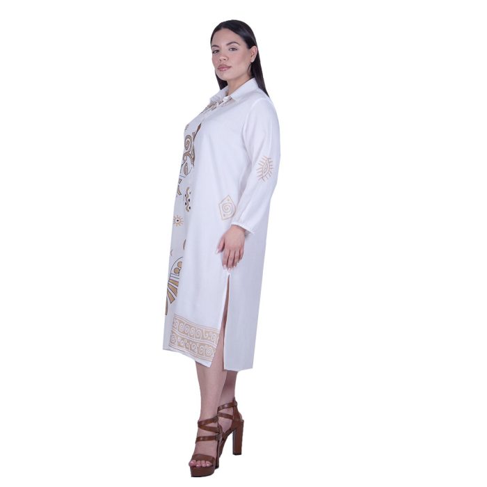 Platinum Φόρεμα - Πουκαμίσα Λευκό Γυναικείο Με Χρυσά Αρχαιοελληνικά Σχέδια Free Size - 124106-W - Image 3